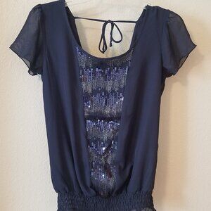 Navy Blue Embellished Cap Sleeve Blouse